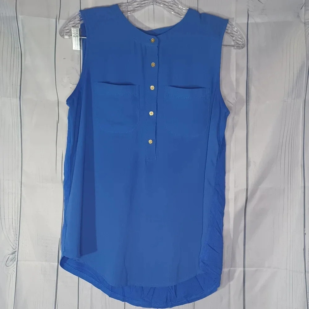 Loft sheer front sleeveless business casual classic preppy top with round hem